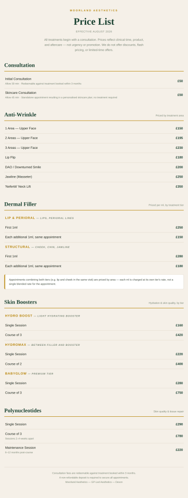 Price list for aesthetics treatments